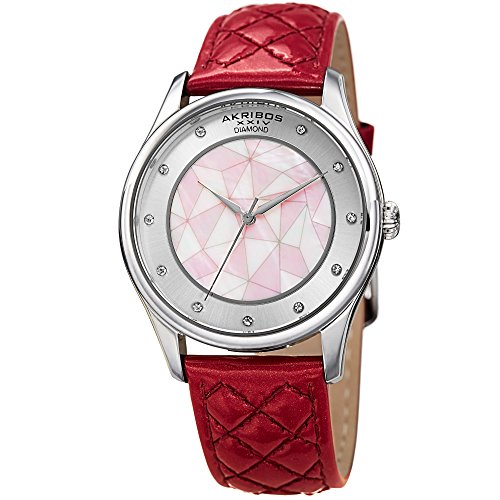 Akribos XXIV Women 's Quartz�V���o�[�g�[��Case With Genuine Diamond���ԃ}�[�J�[�ƃ}�U�[�I�u�p�[���̃��U�C�N�_�C����on Fuchsia Quilted Genuine���U�[�X�g���b�v�E�H�b�`ak925p