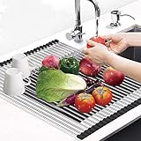 Techsea Roll Up Dish Drying Rack, 18.5' x 13.39' Large Multipurpose Over The Sink Dish Drying Rack, Heat Resistant Stainless Steel Kitchen Sink Drying Rack (Black)