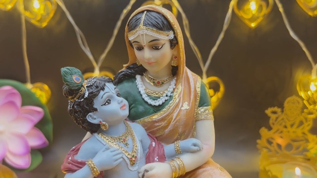 Estatua Hindu Dios Krishna y Yashoda 7.9 pulgadas Polystone miniatura 7