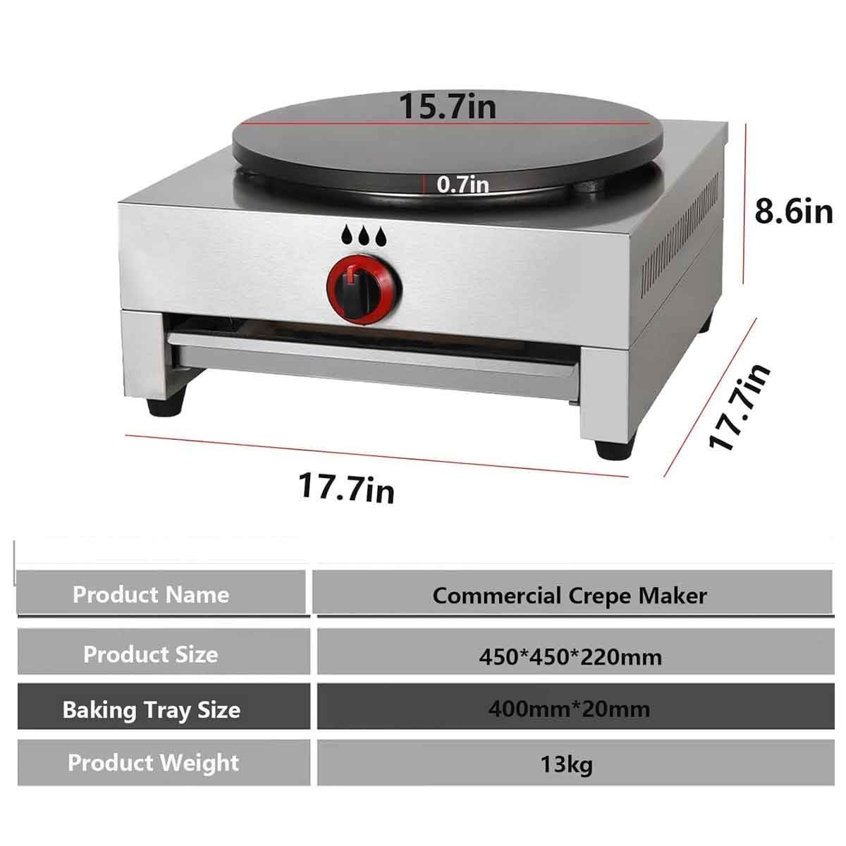 Máquina de crepes y panqueques a gas de 15.7 pulgadas, plancha antiadherente de temperatura ajustable para negocios, fiestas, perros calientes, huevos