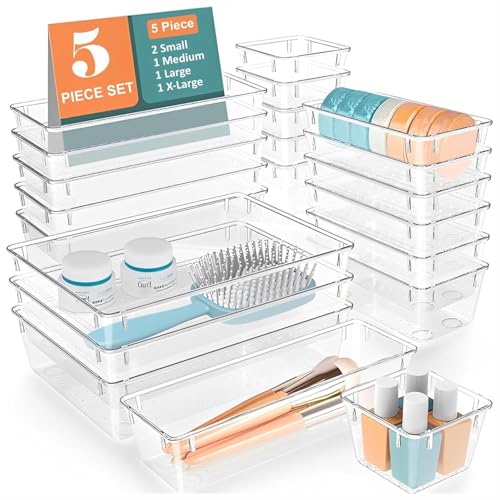Image of Rylan Set of 5 Drawer Organiser /Unbreakable Drawer Organizer /Dressing Table Organizer /Multi-Purpose Storage Boxes /Drawer Divider Tray for Kitchen /Bedroom /Office - (Clear Transparent)'
