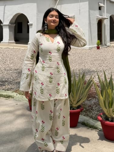 Image of ANNI DESIGNER Farshi Salwar Suit for Women | Viscose Kurta and Farshi Salwar with Dupatta | Floral Straight Outfit | Farsi Farasi Parsi Ethnic Indian Office Party Wedding Clothing Fashion 3 Piece