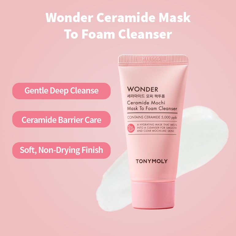 Image of TONYMOLY Wonder Ceramide Mochi Everyday Skin Routine Kit - 3-Piece Mini Korean Skincare Gift Set with Mask-to-Foam Cleanser, Milky Toner & Water Cream - Travel Size Barrier Repair Routine for Dry, Sensitive Skin