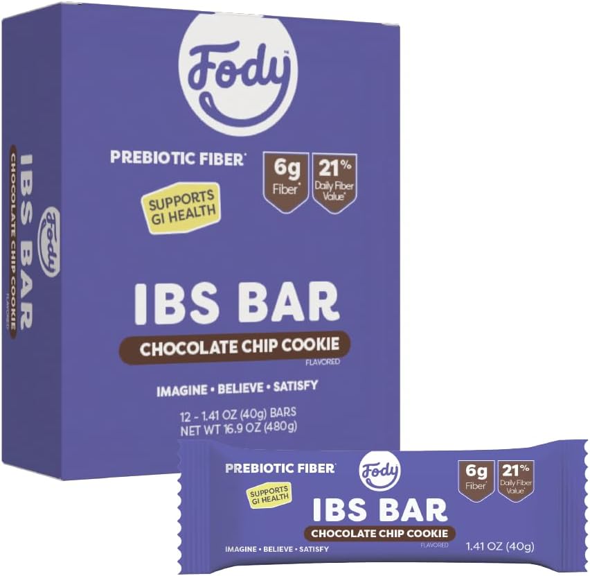 Foods IBS Snack Bars, Chocolate Chip Cookie, 1.41 Oz (Pack of 12), 6g Prebiotic Fiber, Low FODMAP, Gut & IBS Friendly, Lactose Free, Non-GMO, Gluten Free