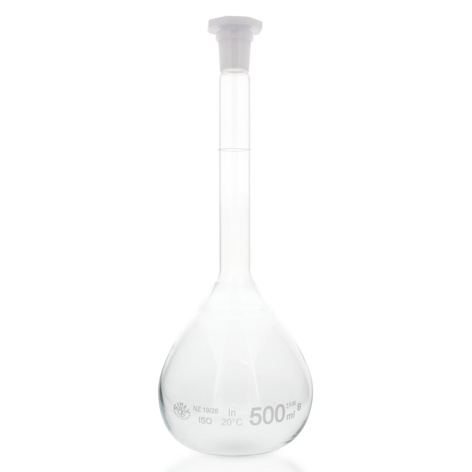 5x Messkolben mit Normschliff 500ml aus hitzefestem Borosilikat inklusive PEHD Stopfen