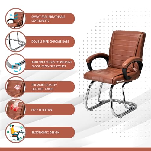 Image of GOYALSON Home Exclusive Visitor Study Reception Chair with Arm Rest and Heavy Frame with Cushioned Seat Back Chair (1, Brown, Double Pipe Chrome Frame)