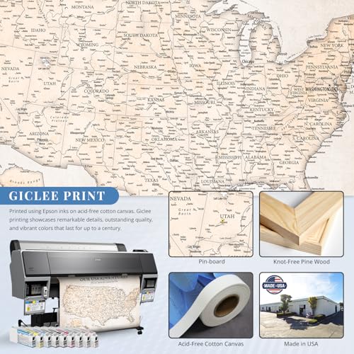 Image of IPIC - Vintage USA Map Pin Board Canvas Wall Art, Travel Map with Pins Included, Ready to Hang for Home or Office 40x30 Inch