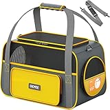 OKMEE Soft Pet Carrier for Small Medium Cats Dogs Puppies, Cat Carrier with Big Space, 5 Mesh Windows, 3 Doors, Airline Approved, Escape-Proof, Breathable, Leak-Proof, Easy Storage, Grey Orange