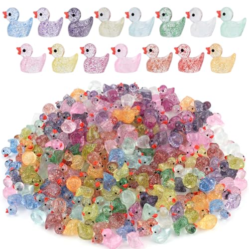 240pcs Mini Glitter Ducks - Colorful Tiny Small Little Resin Ducks for Dollhouse, Fairy Garden, Landscape, Aquarium Decorations