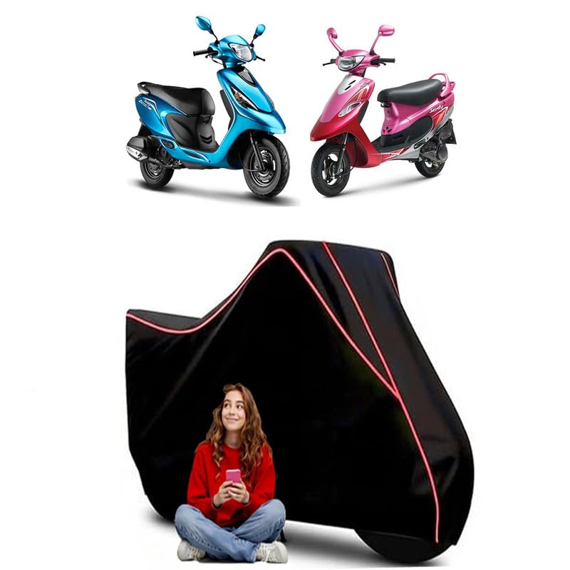 Image of Pep Plus BS6 Scooty Bike Cover Water Resistant Outdoor Use Universal Fit Scooters Motorcycles Heavy Duty UV Protection Dust Rain Scratch Resistant Elastic Bottom Black Blue Piping
