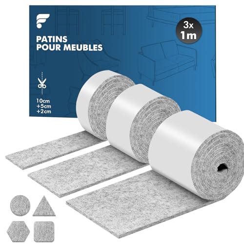 shinfly Patins pour Meubles Auto-Adhésifs, Patin Chaises - 3 Rouleaux (100 * 10cm+100 * 5cm+100 * 2cm), Tampon Chaise 4mm - Épais Patin Feutre Autocollant,...