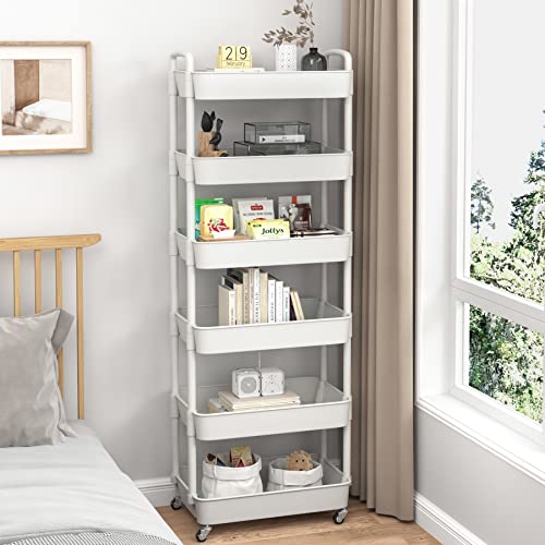 Sywhitta 6-Tier Plastic Rolling Utility Cart With Handle, Multi-Functional Storage Trolley For Office, Living Room, Kitchen, Movable Storage Organizer With Wheels, White #TOP4