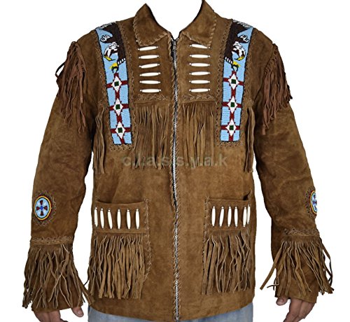 Classyak Cowboy Wesernt Leather Jacket Beaded, Bones & Fringes, Quality, Xs-5xl (Medium, Blue Beads)