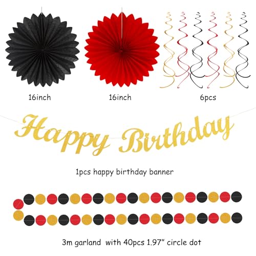 Image of Red-Black Gold Casino-Theme Birthday Party-Decorations - 21pcs Happy Banner,Game Night Paper Lanterns,Tissue Pom Poms Flower Fan,Honeycomb Ball,Swirl Streamers Garland Supplies Women Men Decor Huglony