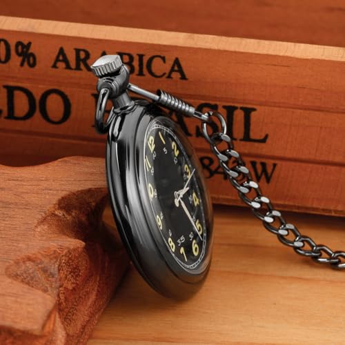 Image of Uncovered Black Mechanical Pocket Watch, Arabic Numeral Dial Men's Pocket Watch with Chain