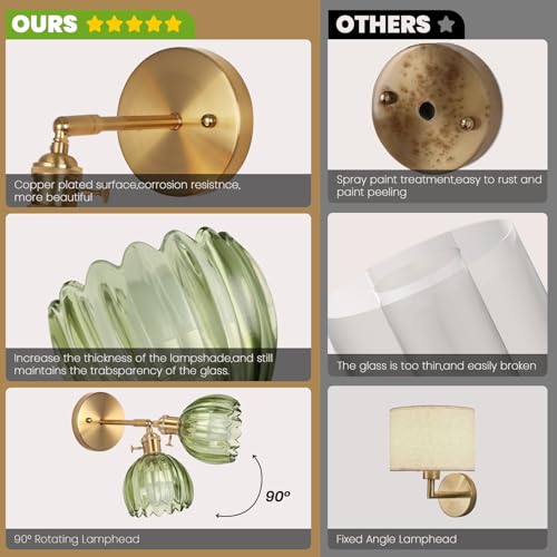 Image of Vintage Wall Sconce Set of Two, Battery Operated Wall Sconce with Deep Green Tulip Glass Lampshade Rechargeable Wall Light with Remote Control for Bedroom,Living Room, Hallway, Aisle