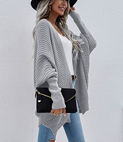 Image of Women's Waffle Cardigan Ribbed Cuffs Open Front Knit Sweater Batwing Long Sleeve Casual Loose Chunky Coat Outwear(M,Light grey2)