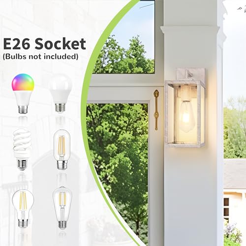 Image of Outdoor Wall Light Fixtures, Rustic Exterior Wall Sconces, 2-Pack, 12 In | Outside Light Fixtures with Tempered Glass for Porch, Garage, Patio, Anti-Rust White Hand-Brushed, Wood-Grain, Waterproof