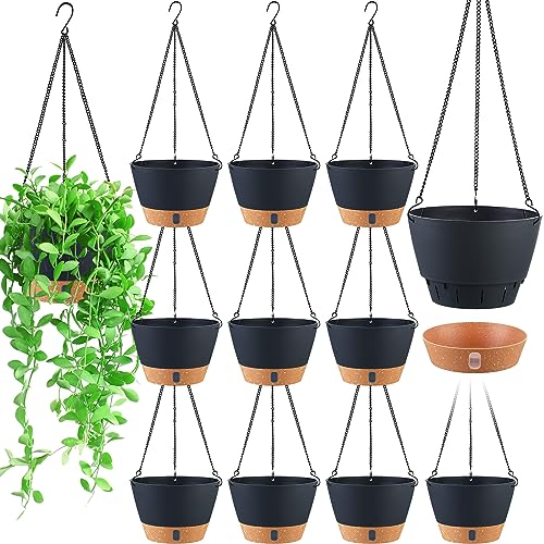 Hushee 12 Pcs 8 Inch Hanging Planter Hanging Plant Pot Plastic Round Hanging Baskets for Plant Indoor Flower Pot with Removable Tray Drainage Holes for Home Patio Garden Decoration (Dark Gray)