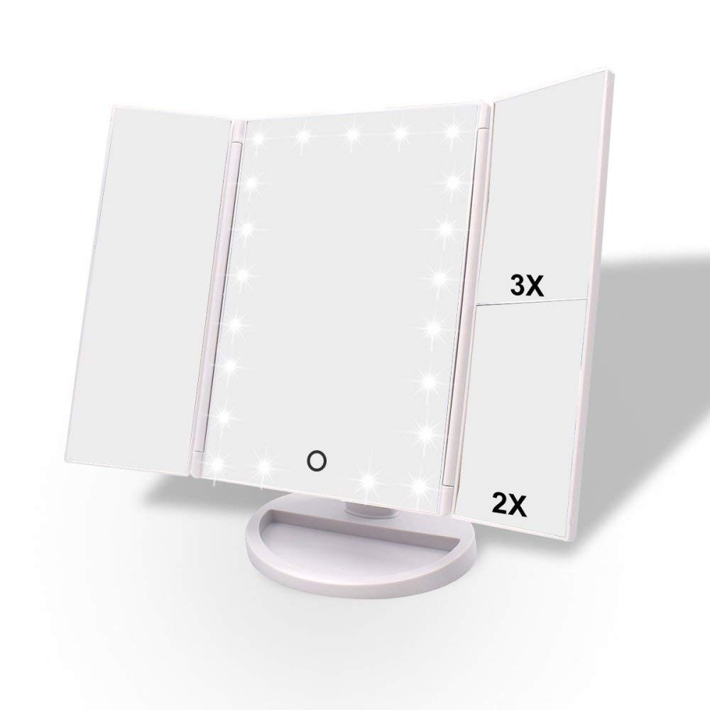 XINYU Espejo De Maquillaje De Tres Pliegues Pantalla Táctil LED Espejo De Maquillaje Lupa De Escritorio Portátil Giratoria De 180 °Se Puede Utilizar para Afeitar Maquillaje Y Cuidado Facial,Black
