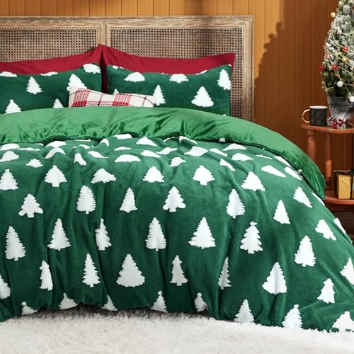 Bedsure Fluffy Christmas Duvet Cover Set - Ultra Soft Plush Shaggy Comforter Cover King Size, Warm Flannel Fleece Bed Sets for Winter, 3 Pieces, Christmas Tree Pattern, Green