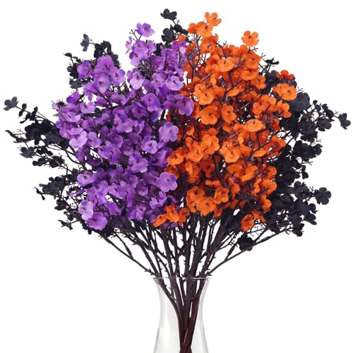 Uieke 6 Pcs Halloween Artificial Babys Breath Flowers Black & Purple & Orange Faux Gypsophila Flowers Real Touch Silk Flowers for Cemetery Decor Haunted House Party Spooky Centerpieces