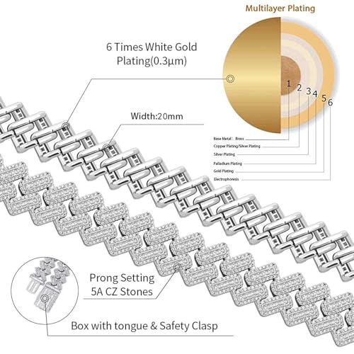 JINAO 20MM 6 Times 14k Gold Plated Cuban Link Bracelet Iced Out Bling Round Carre Baguette Cut CZ with Prong Setting Simulated Diamond Bracelet Hip Hop Jewelry for Men2