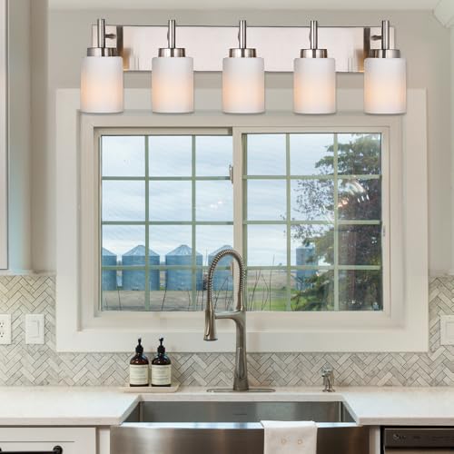 Image of 5 Light Bathroom Light Fixtures in Brushed Nickel Finish Metal Base Wall Mount Lighting with White Glass Shade Bath Wall Sconces for Mirror, Kitchen,Hallway