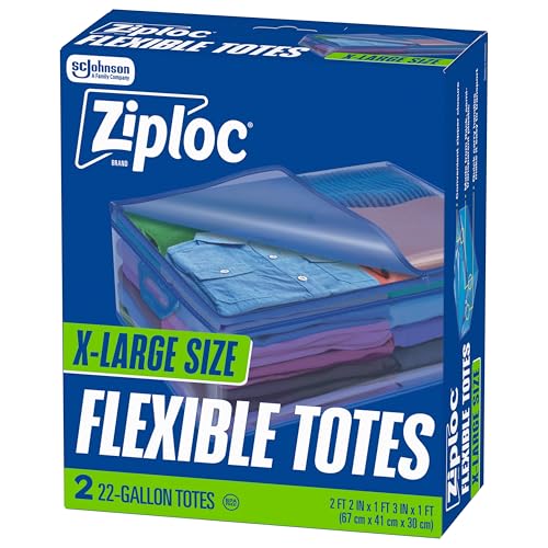 Ziploc Flexible Totes X-Large Size 22 Gallon 2 Count Organizing Tote with Zipper and BuiltIn Handles Flexible & Stackable Clothing and Home Storage Bag