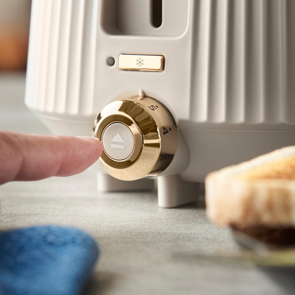 Russell Hobbs Grille pain [pour 2 tranches] Brontë Stone (6 réglages, finition beige mate, accents dorés, décongélation, réchauffage, surélévation, Lift et Look, support pour petits pains) 26761-56