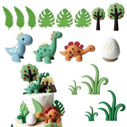 Lot de 16 décorations de gâteau dinosaures 3D en forme d'œuf, feuilles d'arbre - Décorations de...
