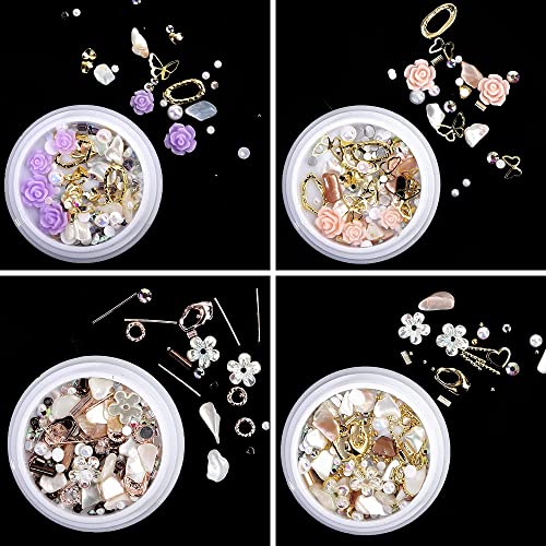 4 Boxes 3D Flowers For Nails, 3D Nail Charms For Acrylic Nails Pearl For Nail Art Decorations, Nail Accessories 3D Pearls Nail Rhinestones For Nails #TOP4