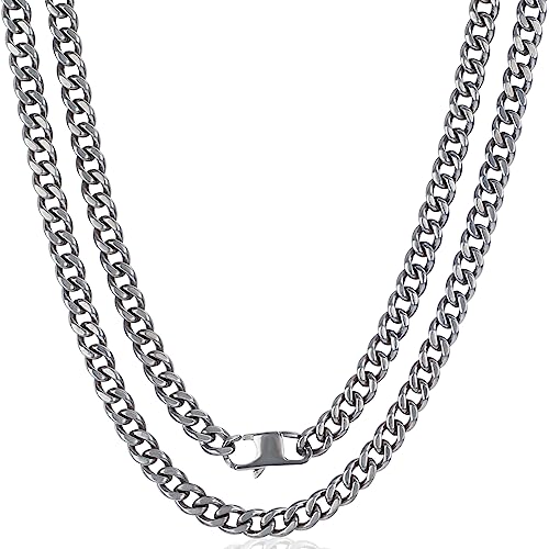 SanThree 5.5mm Pure Titanium Cuban Link Chain Necklace, Smooth Skin-Friendly Solid Titanium Curb Chain Necklaces Gift for Men Women, 25.59 Inches