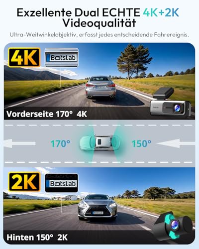 BOTSLAB Dashcam Auto Vorne Hinten, 4K Dashcam Auto GPS mit WiFi, Dual Autokamera mit ADAS, Nachtsicht, 170°Weitwinkel, 2,45" IPS, 24/7 Parküberwachung, Loop-Aufnahme (Enthält Keine Micro-SD-Karte) 2