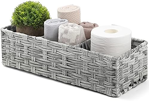 [Larger Compartments] Toilet Tank Topper Paper Basket - Multiuse Hand Woven Plastic Wicker Basket with Divider for Organizing, Rustic Farmhouse Bathroom Decor, Countertop Organizer Storage, Gray Wash