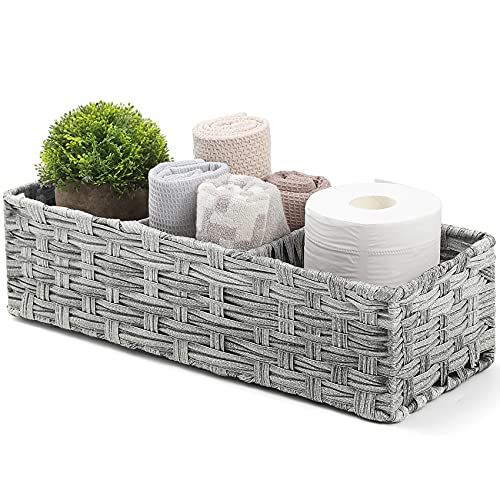 [Larger Compartments] Toilet Tank Topper Paper Basket - Multiuse Hand Woven Plastic Wicker Basket with Divider for Organizing Rustic Farmhouse Bathroom Decor Countertop Organizer Storage Gray Wash