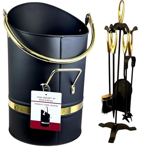 Coal Bucket/Coal Scuttle Hod and 5 Pieces Companion Set Fire Tools Fireplaces Fireside and Accessories (Black&Brass)