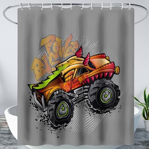 AILONEN Truck Shower Curtain for Kids Boys Teens,Red Monster Truck Bath Curtain for Bathroom Decor,Jam Truck Polyester Waterproof with 12 Plastic Hooks 60