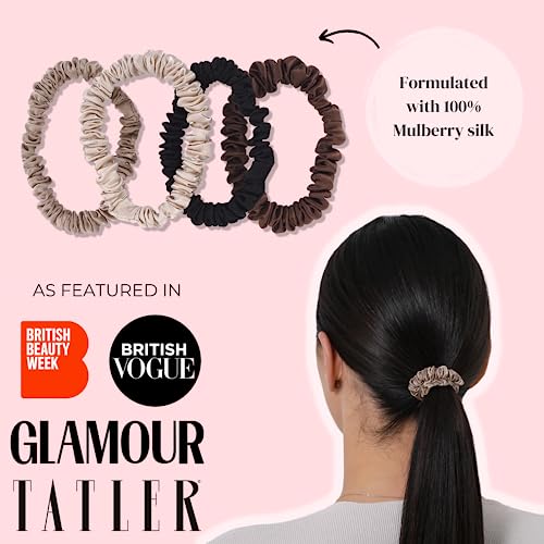 SILKIE x4 Set 100% Pure Mulberry Silk Brown Skinny Scrunchies Travel Pouch Everyday Hair Ties Elastics Hair Care Ponytail Holder No Damage (Praline) - Image 2