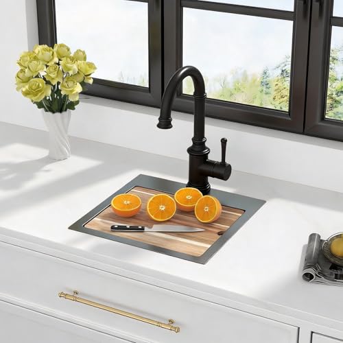 Image of Kichae Black Drop In Bar Sink- 15x15 Small Overmount Topmount Stainless Steel Single Bowl Ledge Workstation Bar Prep Handmade Basin