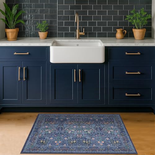 Image of Navy Blue Washable 2x3 Entry Rug - Small Front Door Mats Indoor, Non-Slip Boho Bathroom Rugs, Vintage Dark Decor for Kitchen, Entryway
