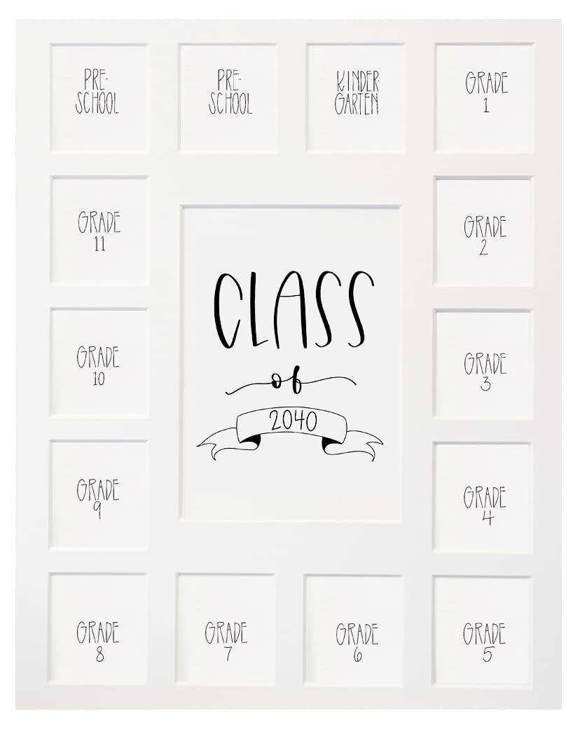 Rustic Red Door Co. Class of 2040 Photo Mat (11" x 14") Photo Collage Picture Frames Mat for School Pictures - No Frame White Photo Mat from Pre - K to Graduation (15 Photos)