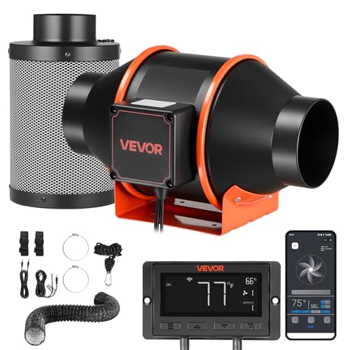 VEVOR Kit Ventilateur de Gaine à Flux Mixte avec Filtre à Charbon 349 m³/h, Extracteur d'air en Ligne 101,6 mm pour Tente de Culture, 10 Vitesses, Moteur...