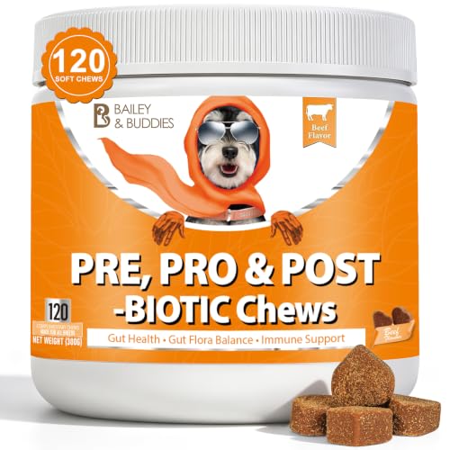 Daily Probiotics for Dogs - 120 Beef Flavored Soft Chews with Natural Pumpkin Powder for Healthy Gut & Sensitive Tummy. Reduces Scooting Loose Stools Smelly Itchy Ears for Small Medium Large Dogs