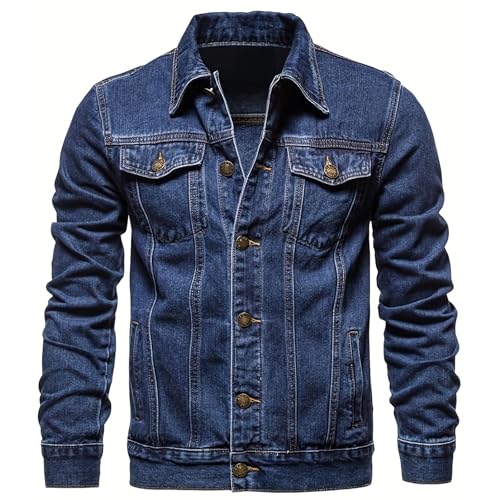 Men's Denim Jacket Vintage-Inspired Jean Jacket with Multiple Pockets - Cotton Blend, Machine Washable