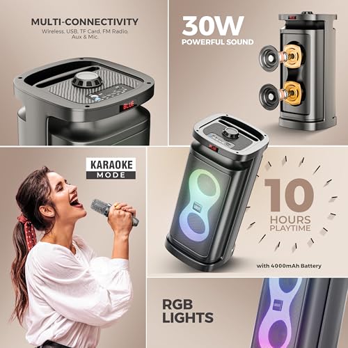 Image of UBON Rockstar SP-29 30W Bluetooth Party Speaker with Wireless Mic | Karaoke Mode | 10-Hour Battery | RGB Lights | Remote Control | Multi Connectivity Mode (Black)