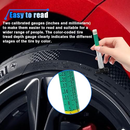 Image of 2PCS Car Tire Tread Depth Gauge Kit, Tire Thread Depth Meter Tool Color Coded with Portable Bag and 2 Valve Caps, 1'' Within 1 /32 Inch Accuracy, Universal Car Accessories for Car, Truck, SUV
