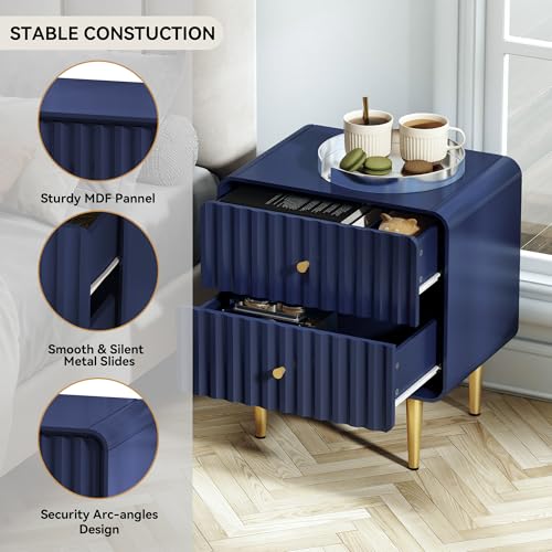 Image of HLR Modern Nightstand, Fluted Bedside Table with 2 Drawers Storage, Blue