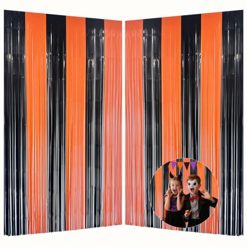Image of Halloween Party Decorations Indoor, Black and Orange Halloween Backdrop Foil Fringe Tinsel Curtains Streamer for Photography - 2 Packs, 3.28 x 6.56ft