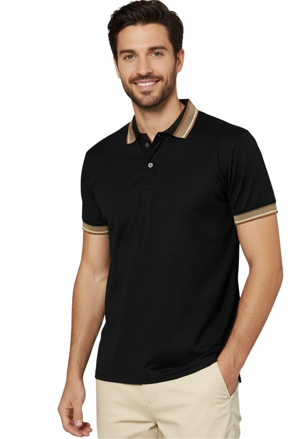 Men Brown Black Polo Collar T-Shirt Material Matty